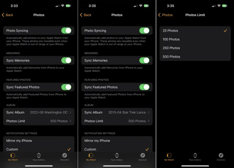 photo sync settings iphone apple watch